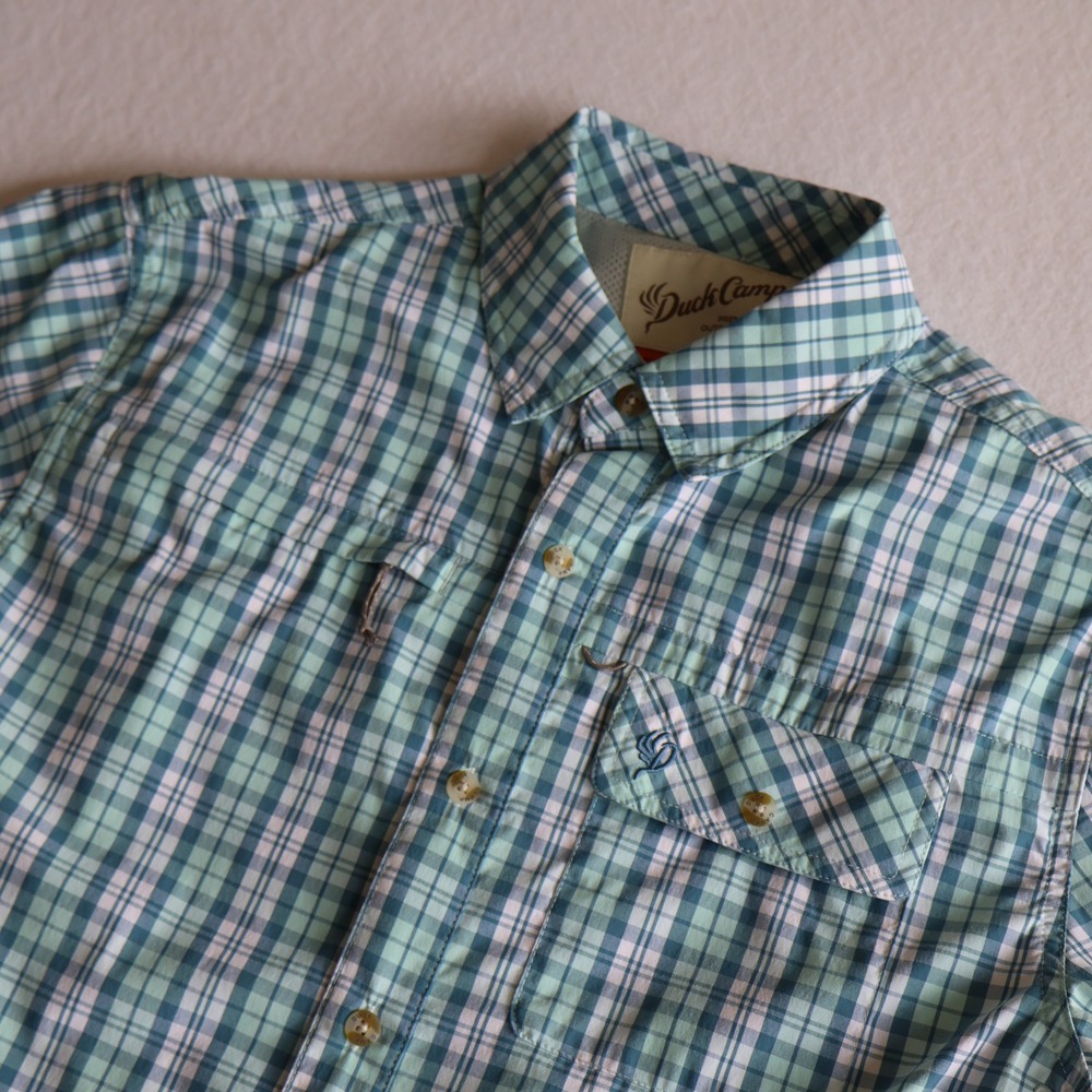 Duck Camp Lightweight Short Sleeve Fishing Shirt Mens L Blue Plaid Vented